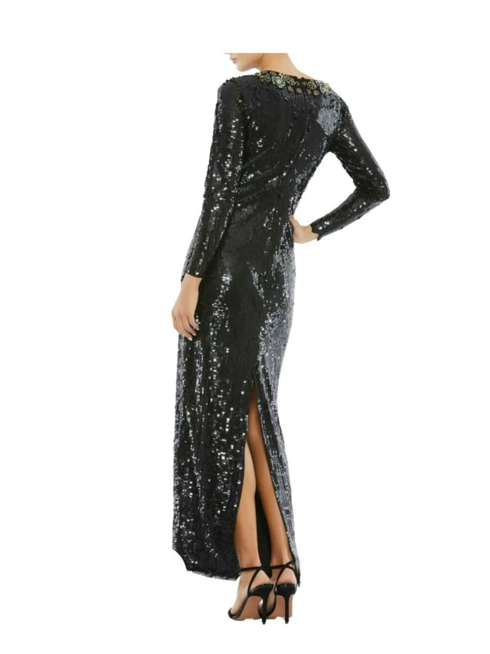 Mac Duggal Size 10 Emerald Rhinestone Necklace Black Sequin LS Maxi Gown Dress N - Picture 4 of 13
